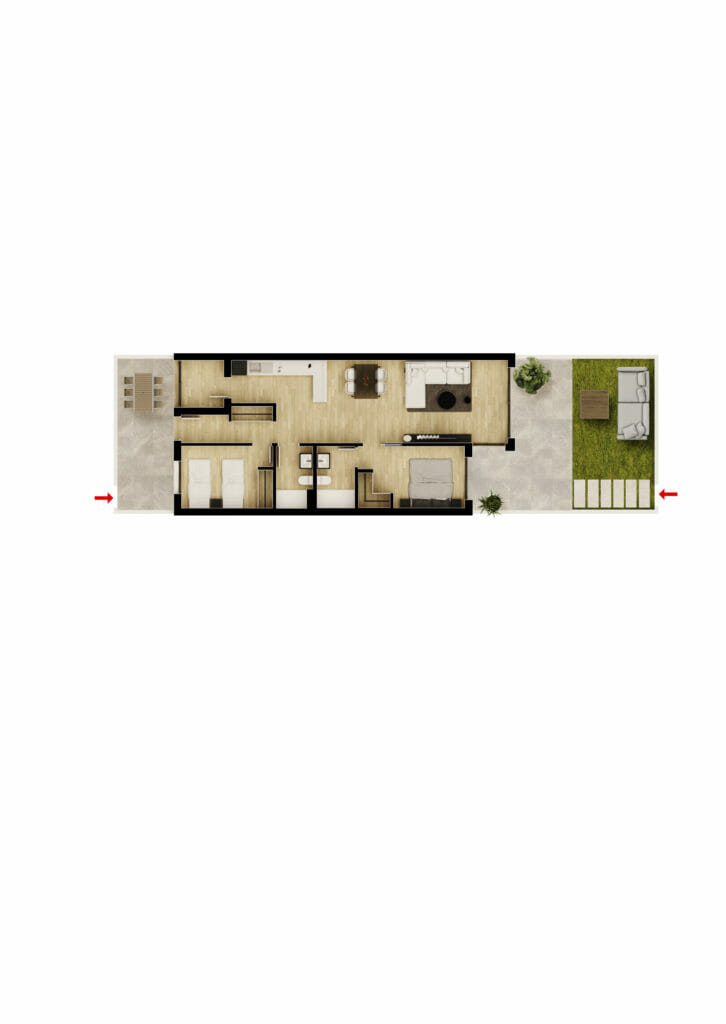 A floor plan of a Gran Alicante new build apartment with two bedrooms and a living room.