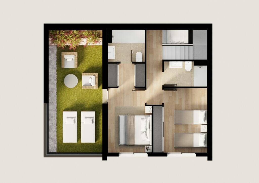 A floor plan of a Benidorm new build apartment with two bedrooms.