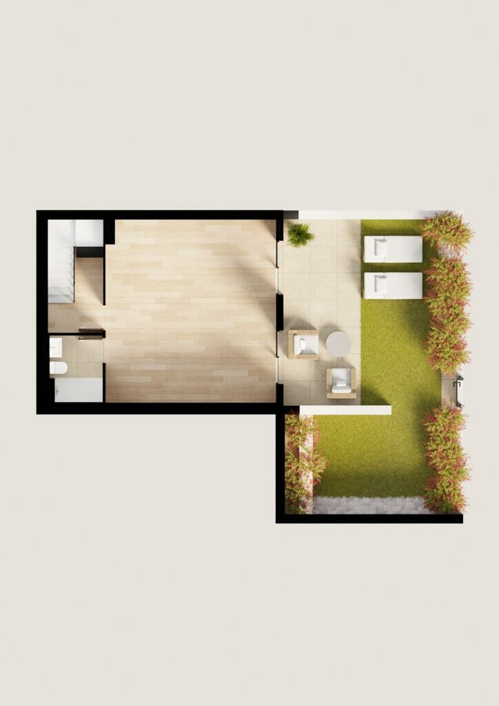 A floor plan of a small apartment with a small garden in a new build apartment complex in Benidorm.
