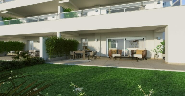 A 3D rendering of a New Build apartment complex in Marbella.
