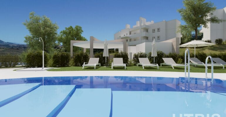 A 3d rendering of a swimming pool in front of a Malaga New Build apartment building.