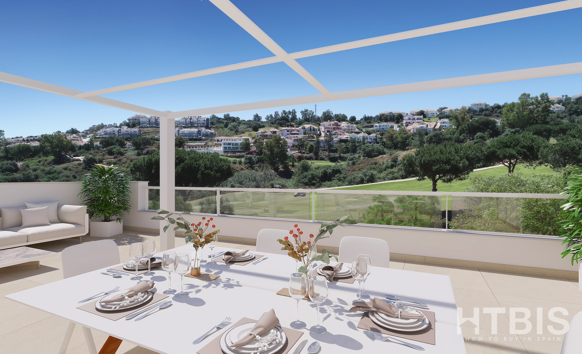 A new build apartment in Malaga with a balcony overlooking a golf course.