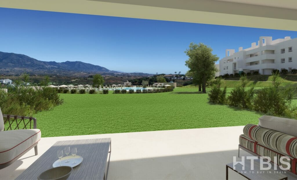 A rendering of a New build apartment Mijas with a view of the mountains.