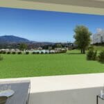 A rendering of a New build apartment Mijas with a view of the mountains.