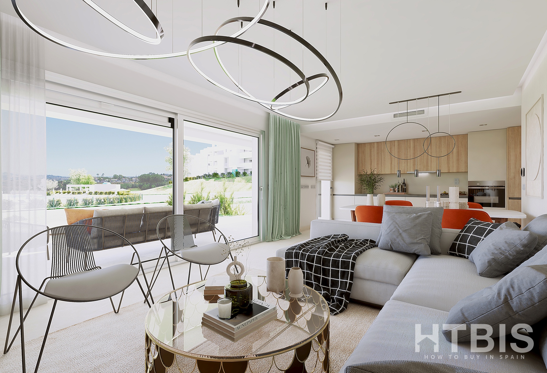 A rendering of a modern living room in a Marbella New Build apartment.