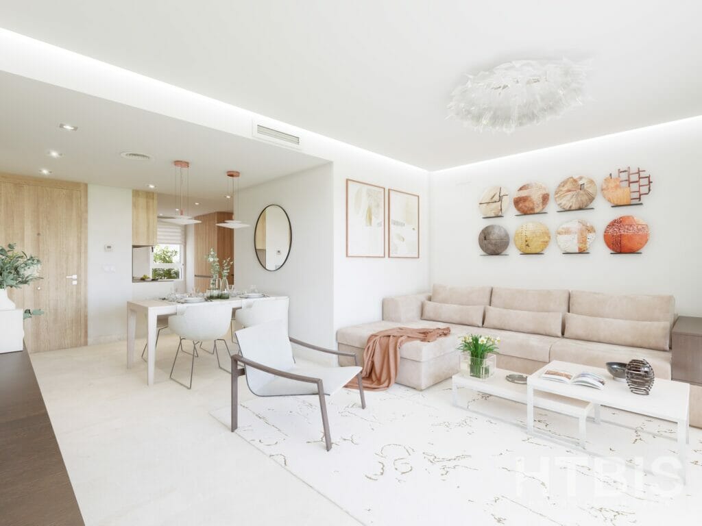 A living room with white furniture and a dining table in a Marbella new build apartment.
