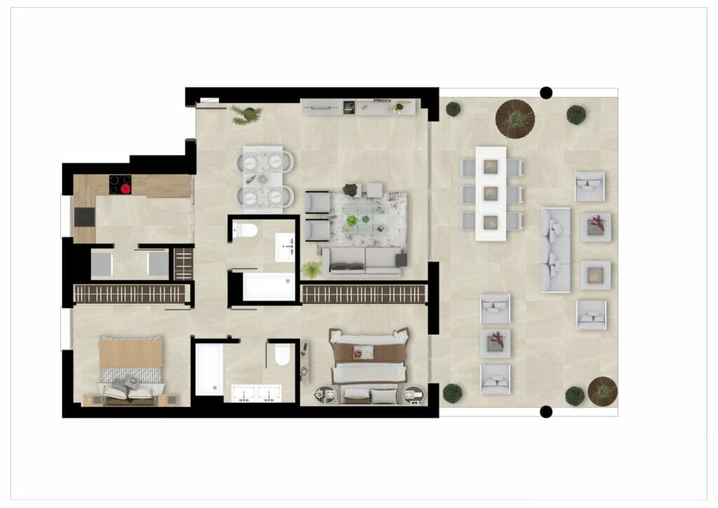 A floor plan of a Fuengirola New Build apartment with two bedrooms.