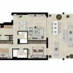 A floor plan of a Fuengirola New Build apartment with two bedrooms.