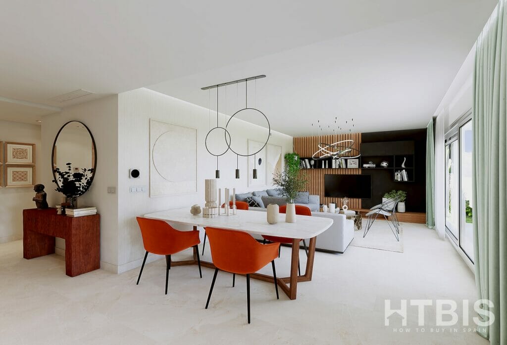 A modern living room in a Malaga New Build Apartment with orange chairs and a dining table.