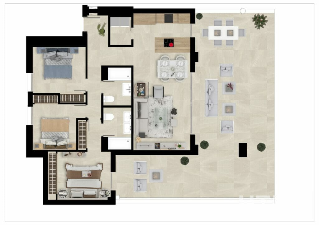 A floor plan of a two-bedroom Marbella New Build apartment.
