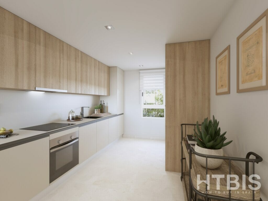 A 3D rendering of a kitchen with white cabinets and a potted plant in a Malaga new build apartment.
