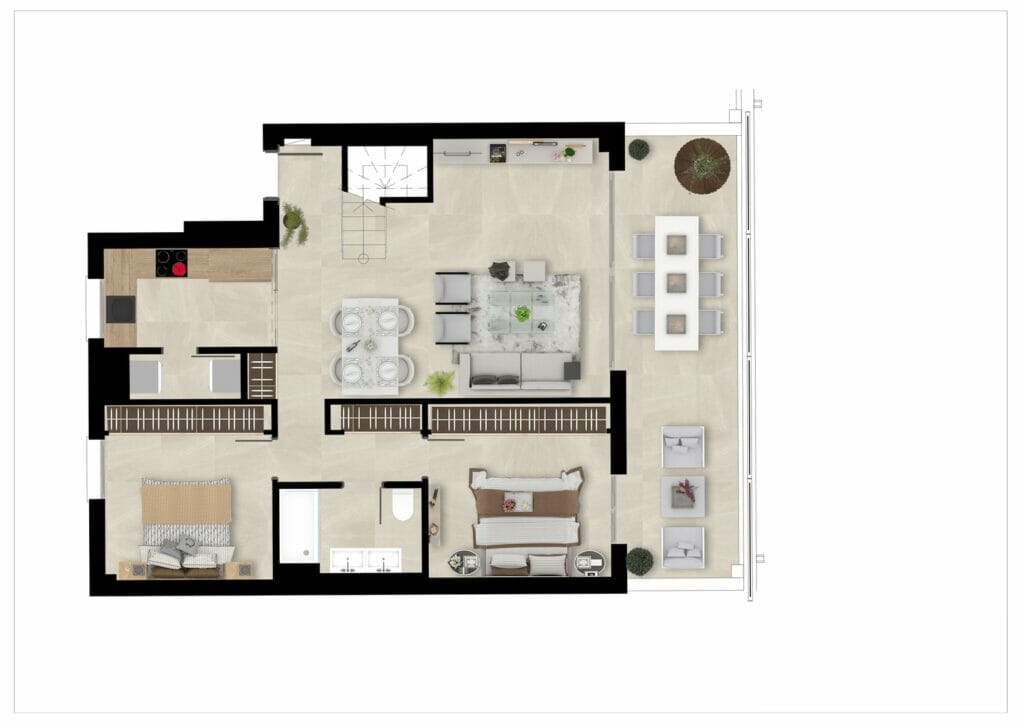 A floor plan of a Malaga New Build apartment with two bedrooms.