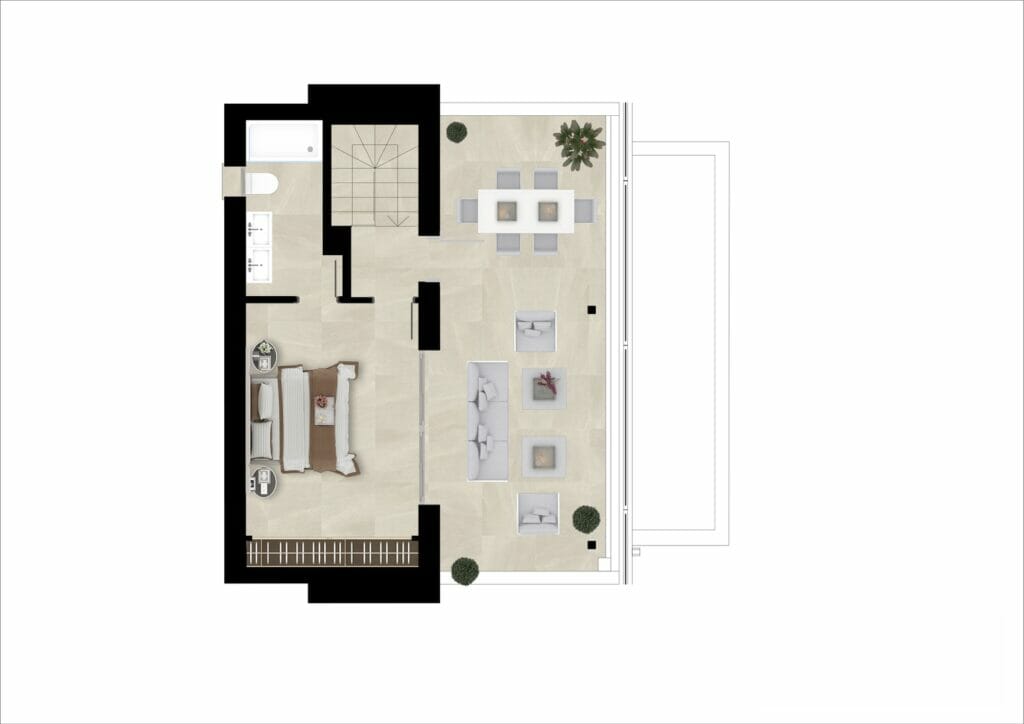 A floor plan of a Marbella New Build apartment with two bedrooms and a living room.