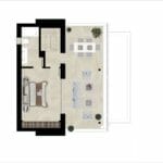 A floor plan of a Marbella New Build apartment with two bedrooms and a living room.