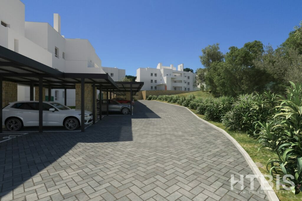 A 3D rendering of a driveway with cars parked in it, showcasing the new build apartment in Fuengirola.