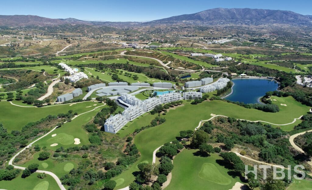 An aerial view of a golf resort near a Marbella New Build apartment.