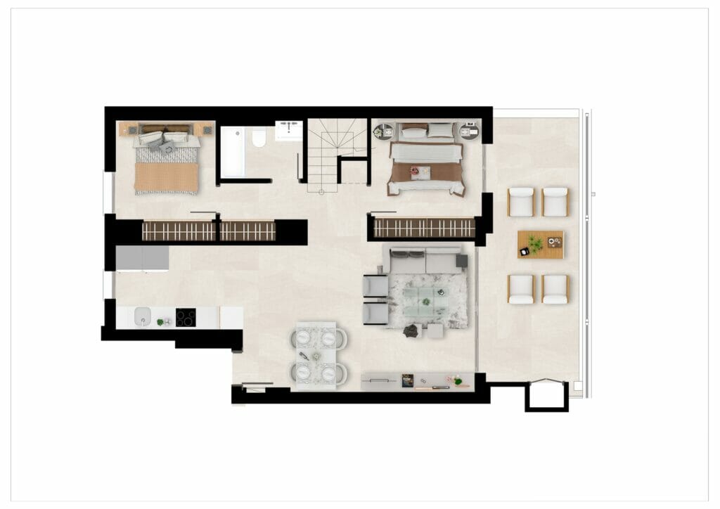 A floor plan of a two-bedroom Malaga new build apartment.