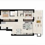 A floor plan of a two-bedroom Malaga new build apartment.
