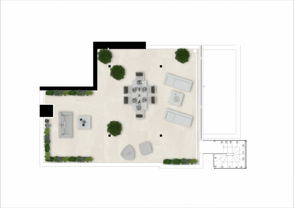 A floor plan of an outdoor area with a table and chairs for a Malaga New Build Apartment.