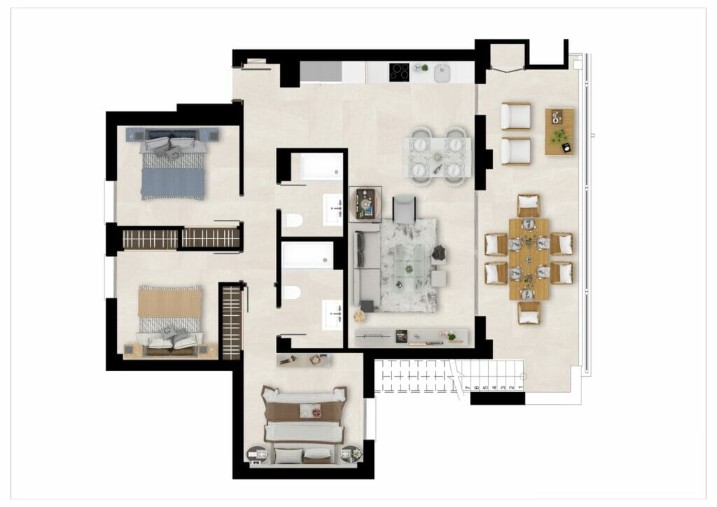 A floor plan of a two-bedroom apartment in Malaga New Build Apartment.