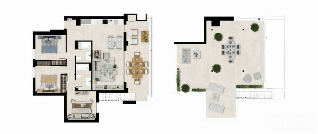 A floor plan of a new build apartment in Malaga with two bedrooms and a living room.