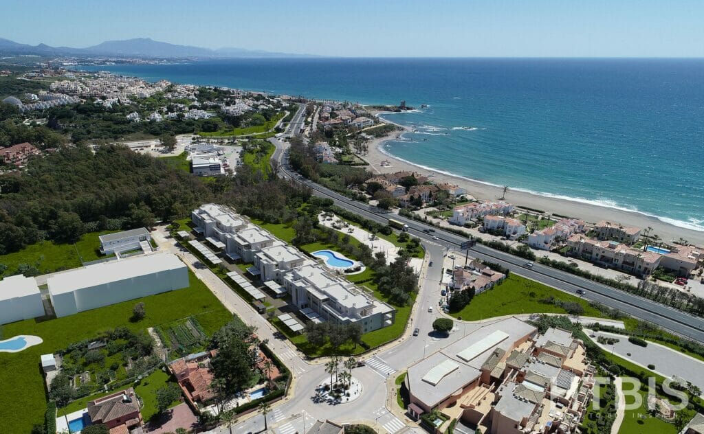 An aerial view of the Estepona apartment complex near the golf course.