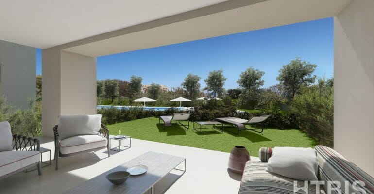 A rendering of an apartment in Estepona with an outdoor living area including furniture and a view of a golf course.