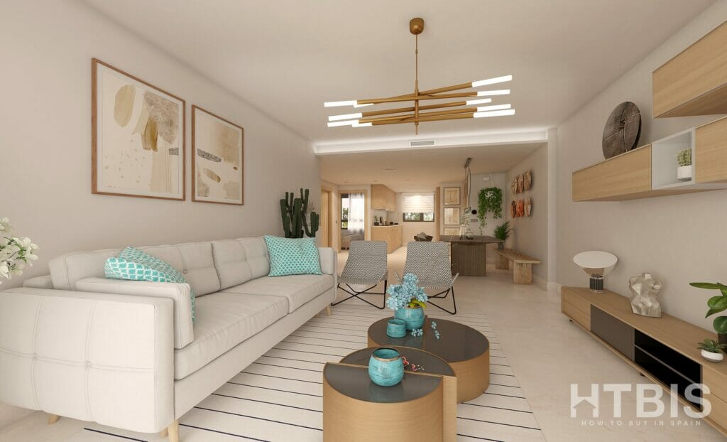 3D rendering of a living room in a modern apartment overlooking Estepona Golf Course.