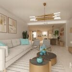 3D rendering of a living room in a modern apartment overlooking Estepona Golf Course.