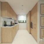 A 3D rendering of a kitchen in an apartment with wooden cabinets, overlooking Estepona Golf Course.