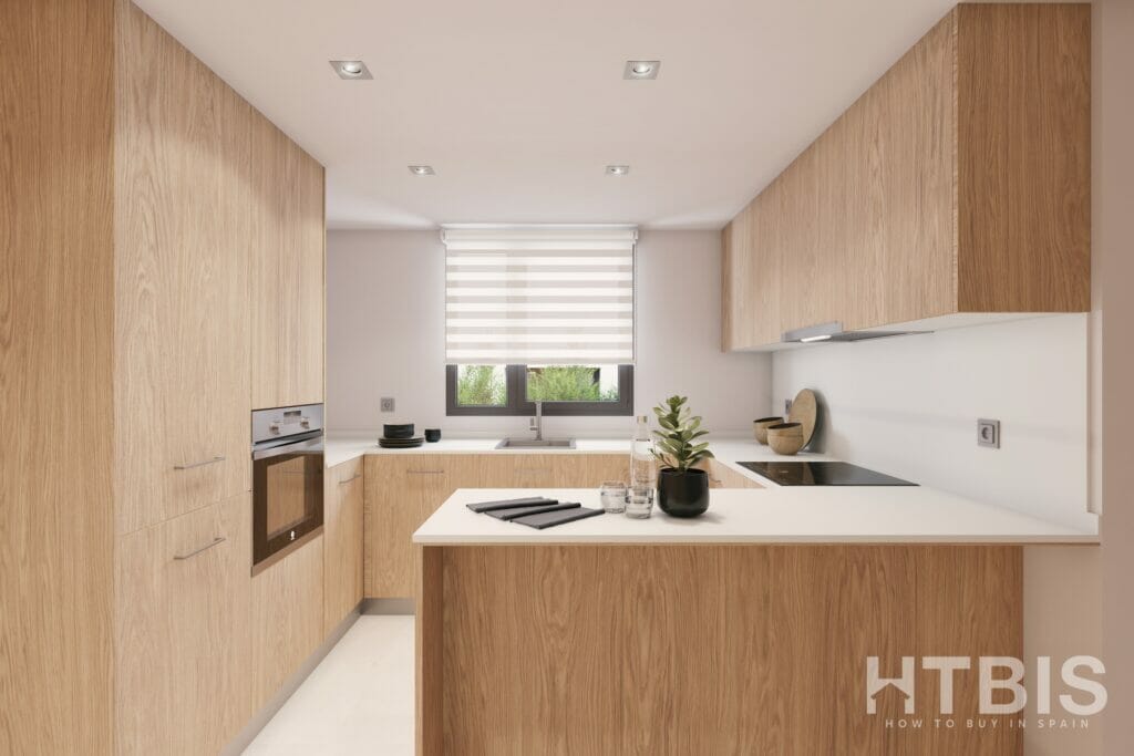 A 3D rendering of a kitchen with wooden cabinets in an apartment overlooking Estepona Golf Course.