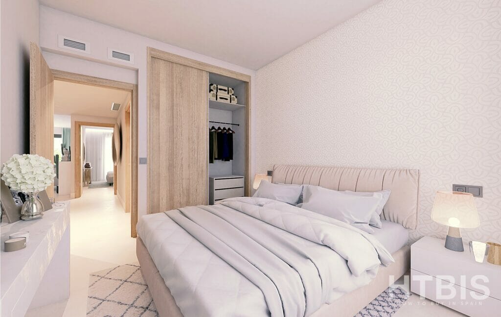 3d rendering of an apartment bedroom with a bed and a closet, overlooking the Estepona Golf Course.