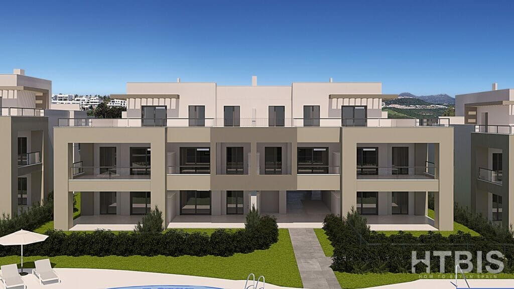 A rendering of an apartment complex with a swimming pool near Estepona Golf Course.