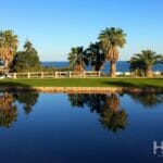 A pond with palm trees and a view of the ocean near Estepona Golf Course.