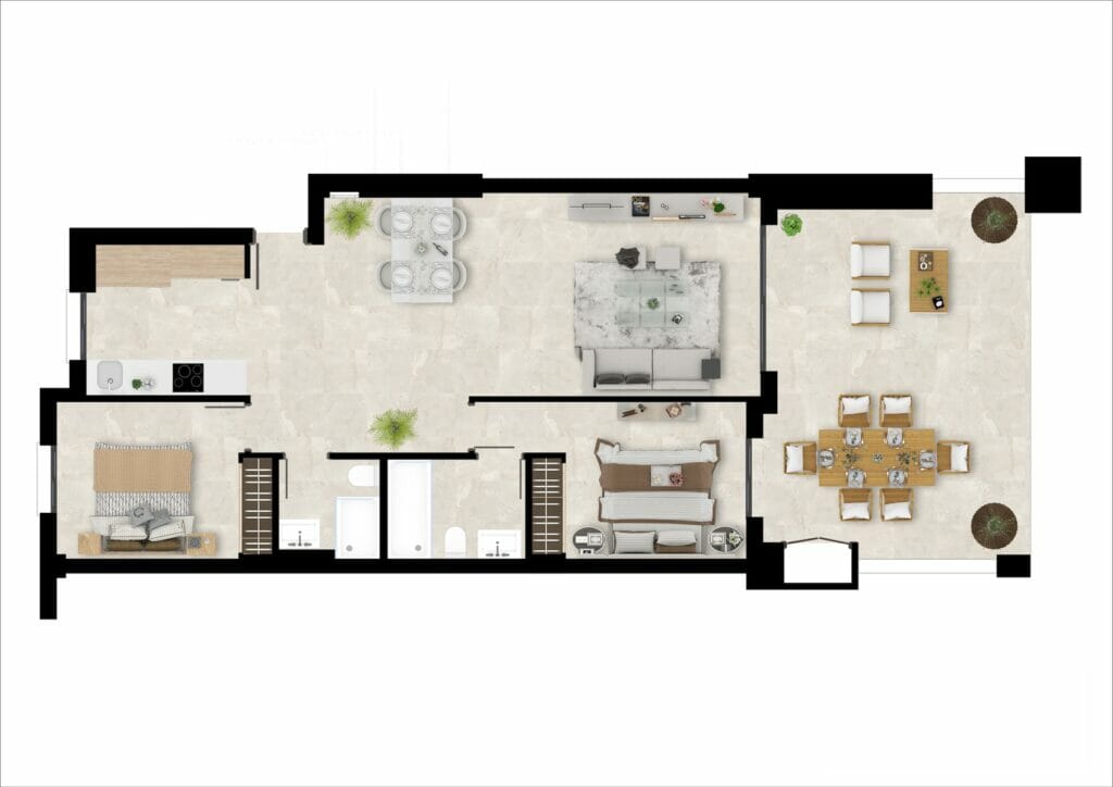 A floor plan of a two-bedroom apartment overlooking the Estepona Golf Course.