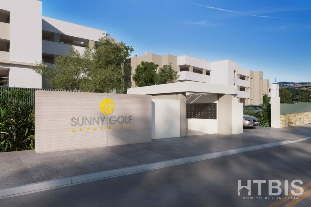 A rendering of the entrance to a sunny Estepona Golf Course apartment.