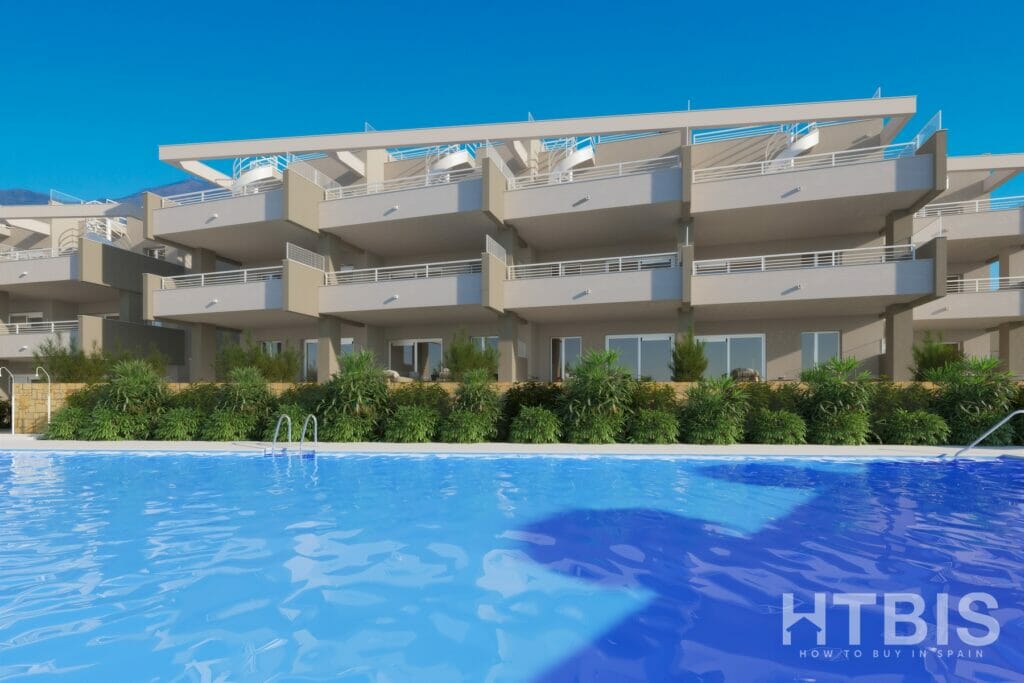 A 3D rendering of an apartment complex with a swimming pool, located near Estepona Golf Course.