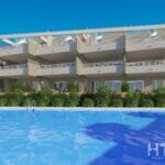 A 3D rendering of an apartment complex with a swimming pool, located near Estepona Golf Course.