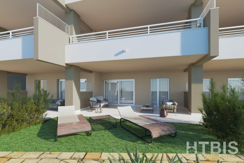 A 3d rendering of an apartment complex near the Estepona Golf Course.