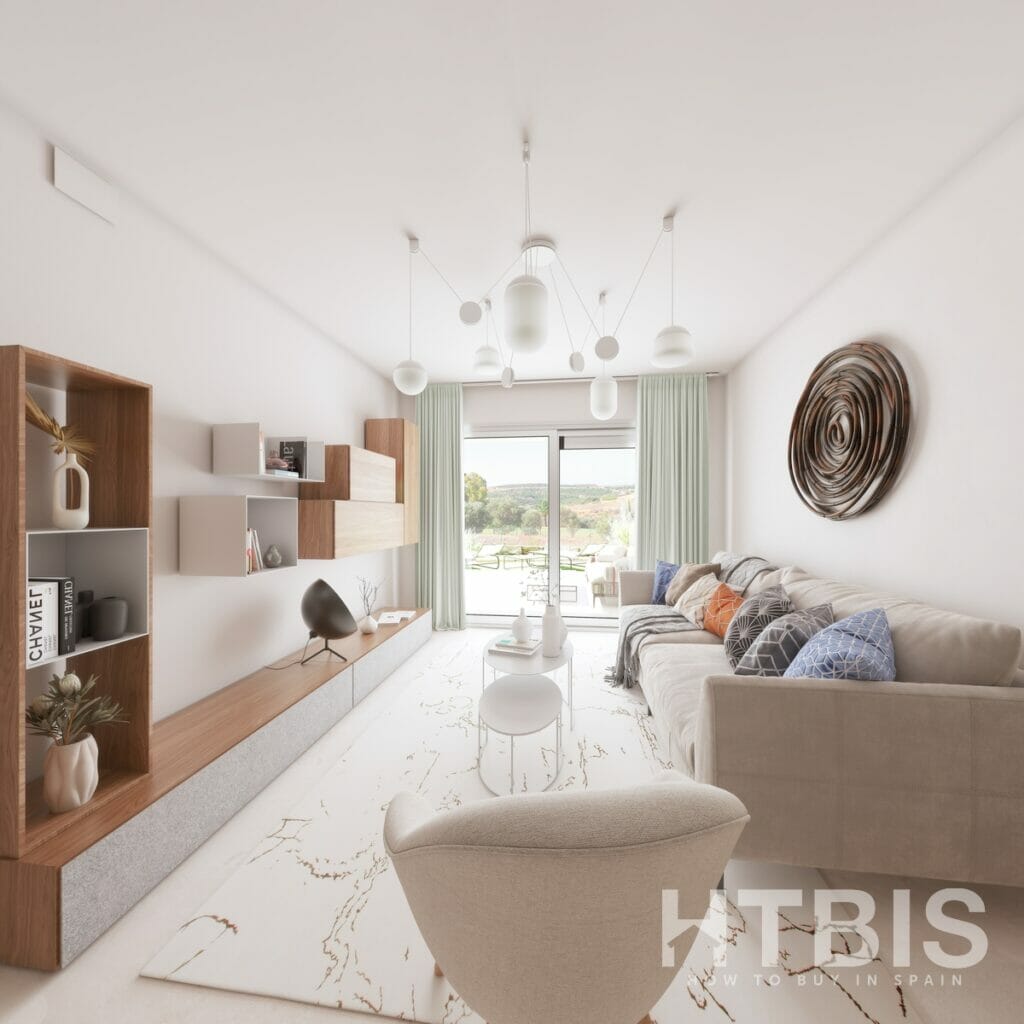 A modern apartment living room with white furniture and white walls overlooking the Estepona Golf Course.