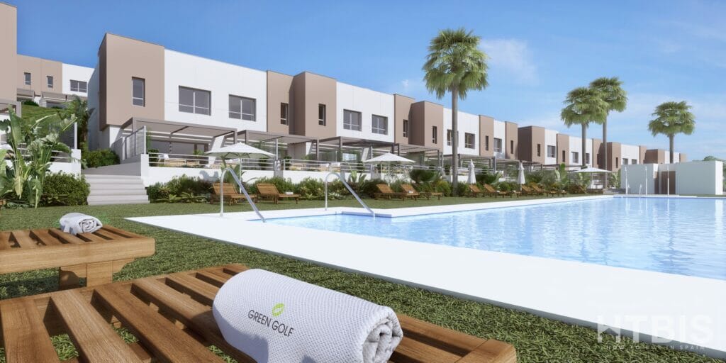 A rendering of a townhouse complex with a swimming pool and lounge chairs.