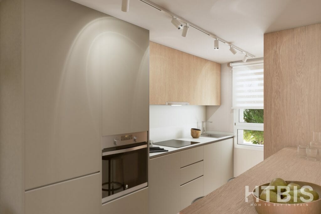 A rendering of a kitchen with wooden cabinets in an apartment overlooking the Estepona Golf Course.