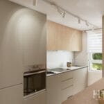 A rendering of a kitchen with wooden cabinets in an apartment overlooking the Estepona Golf Course.