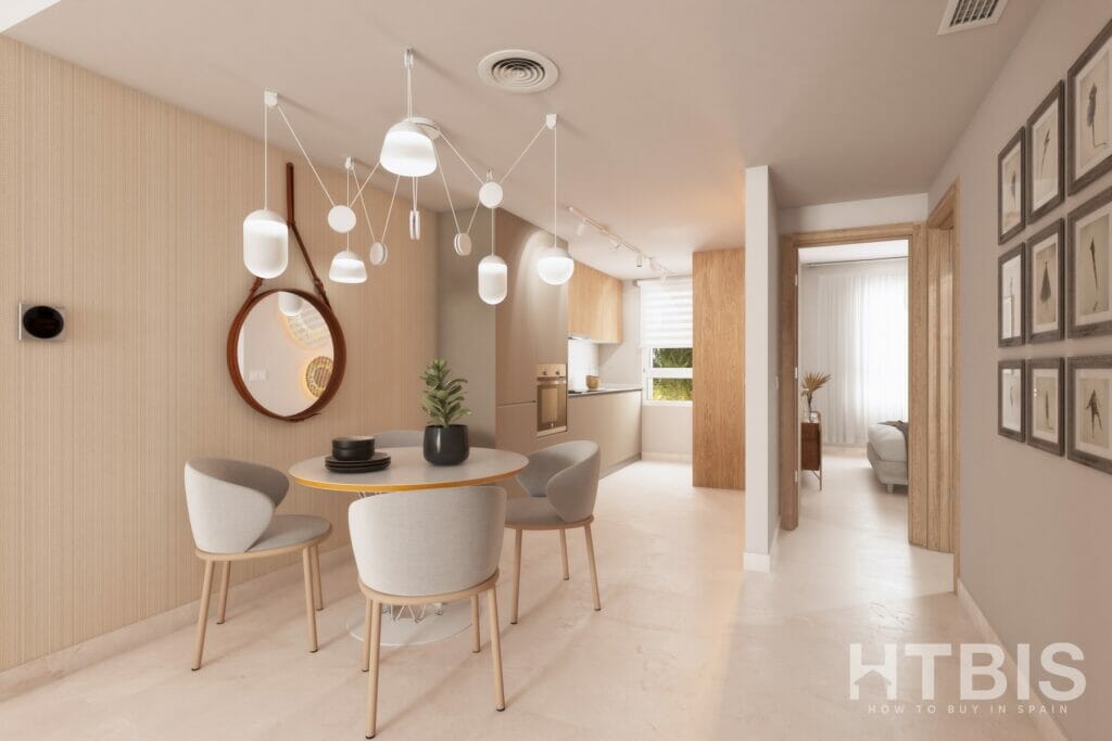 A modern apartment in Estepona with a dining table and chairs.