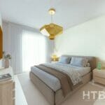 3d rendering of a bedroom in an apartment with a bed and a lamp.