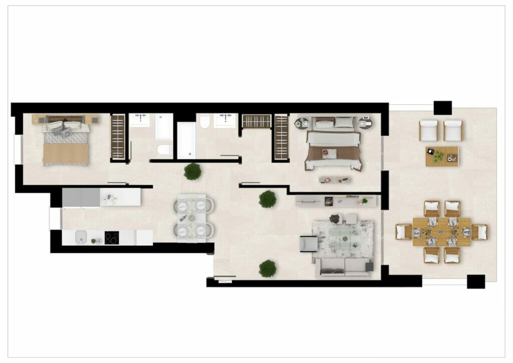 A floor plan of a two-bedroom apartment overlooking the Estepona Golf Course.
