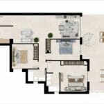 A floor plan of a two-bedroom apartment near Estepona Golf Course.