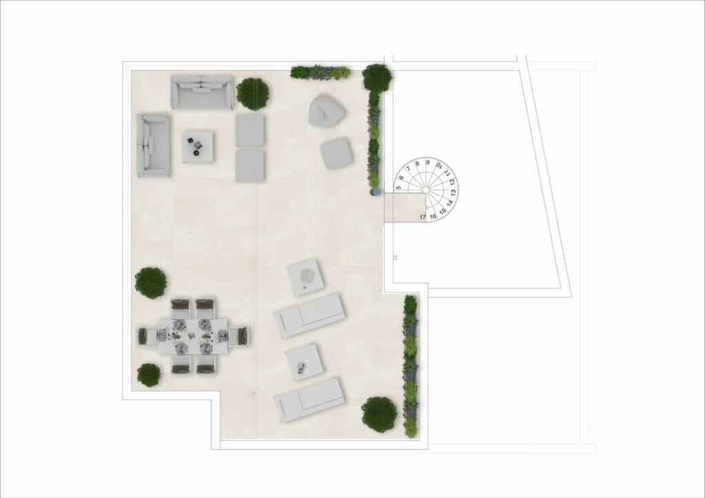 A floor plan of an outdoor area with furniture, plants, and views of the Estepona Golf Course.