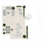 A floor plan of an outdoor area with furniture, plants, and views of the Estepona Golf Course.