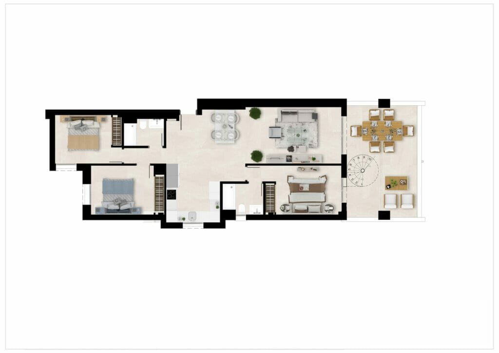 A floor plan of a two-bedroom apartment overlooking Estepona Golf Course.